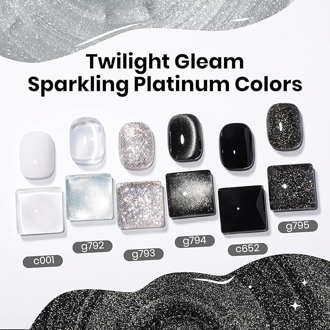 Beetles Gel Nail Polish Set - Twilight Gleam 6 Colors Cat Eye Glitter White Black Silver Shimmer Sparkle Gel Polish Kit with Magnet Soak Off Nail Art Uv Led Home Salon Spring Summer Gift for Women
