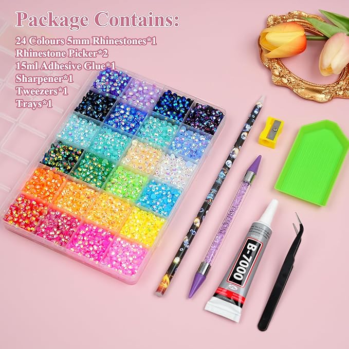 Resin Jelly Rhinestones for Bedazzling, EARLMONI Multi Colord Bedazzler Kit with 15ml B7000 Glue Rhinestone Pen Tool for Clothes Nail Art (B 24 Colors, 5MM)