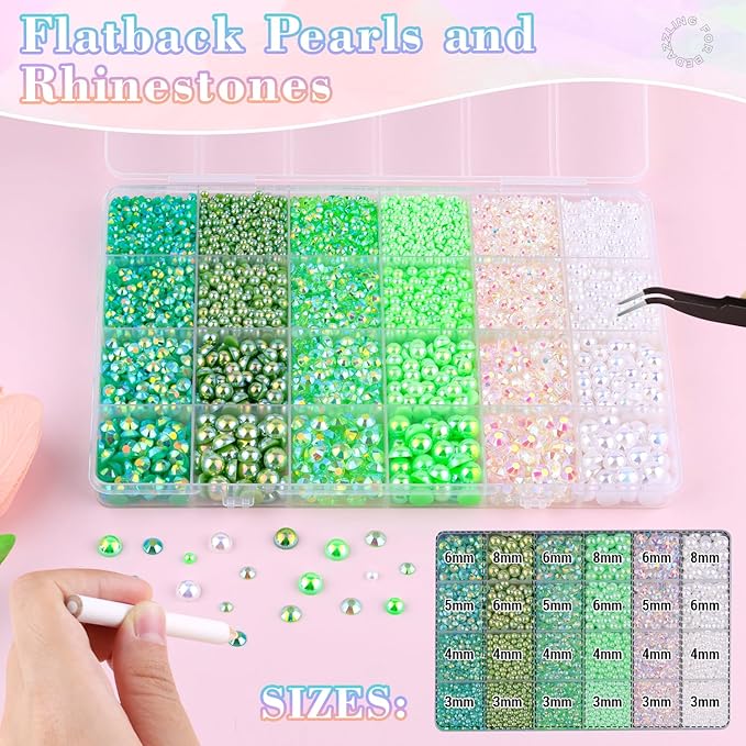 14000Pcs Flatback Pearls and Rhinestones for Crafting, Green White Mixed Size 3-8mm Resin Rhinestones and Half Pearls for Bedazzling, Nail Art with Tweezers and Pickup Pencil