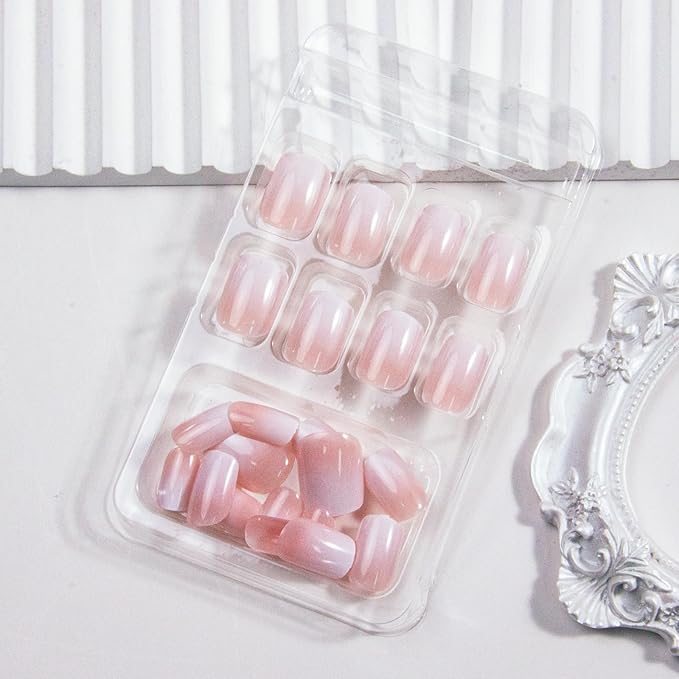 Ombre Press on Nails Short Square Fake Nails Nude White Gradient False Nails Press ons-Reusable Glossy Artificial Nail Full Cover Stick on Nails for Women Manicure 24Pcs