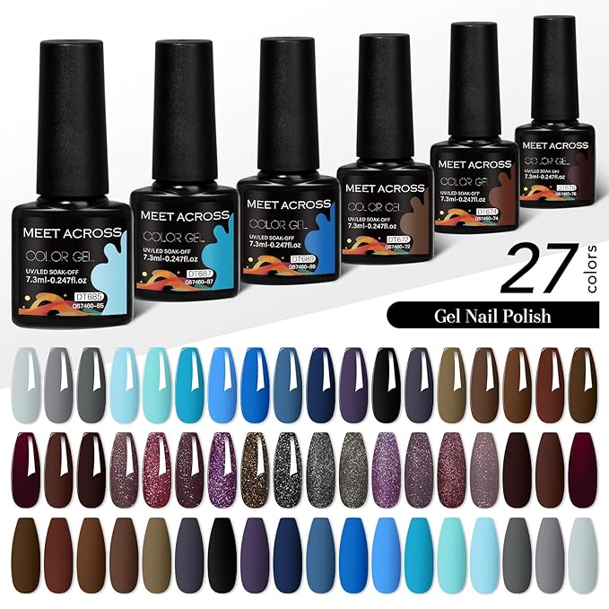 MEET ACROSS 30pcs Gel Nail Polish Set,Soak Off UV LED Lamp Gel Nail Polish Kit,Fashion Shimmer Nail Art Design Gifts for Women Manicure Salon (Cool Color Series)