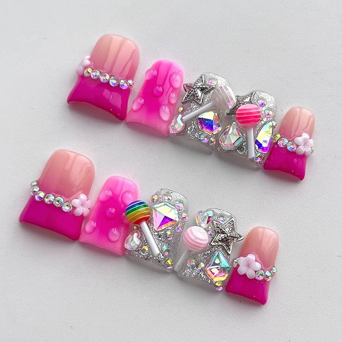 French Tip Press on Nails Handmade Short Duck 3D Thick Acrylic Nails Cute False Nails with Lollipop Stars Flower Designs Pink Glossy Fake Nail Sturdy Art Press on Nail 10Pcs(M)
