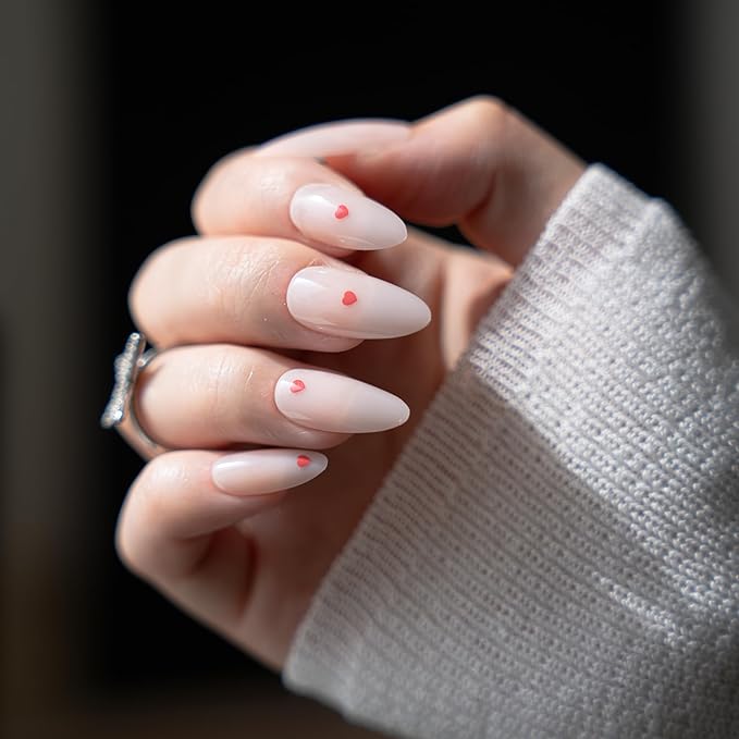 30Pcs Almond Press On Nails - Supremely Fit & Natural Soft Gel Almond Nails,15 Sizes, Reusable Fake Nails Kit with Gift Box for Women (Pink Heart)