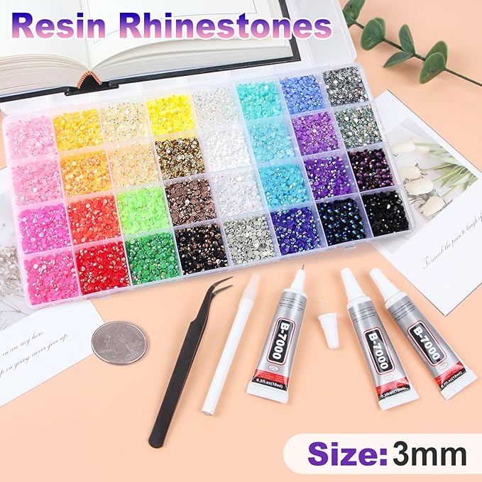 36000Pcs 32 Colors Resin Jelly Rhinestones for Bedazzling, 3mm Multicolor Flatback Gems for Crafting, Bedazzler Kit with 3Pcs B7000 Jewelry Glue for Clothes Crafts Shoes Decor Nail Art