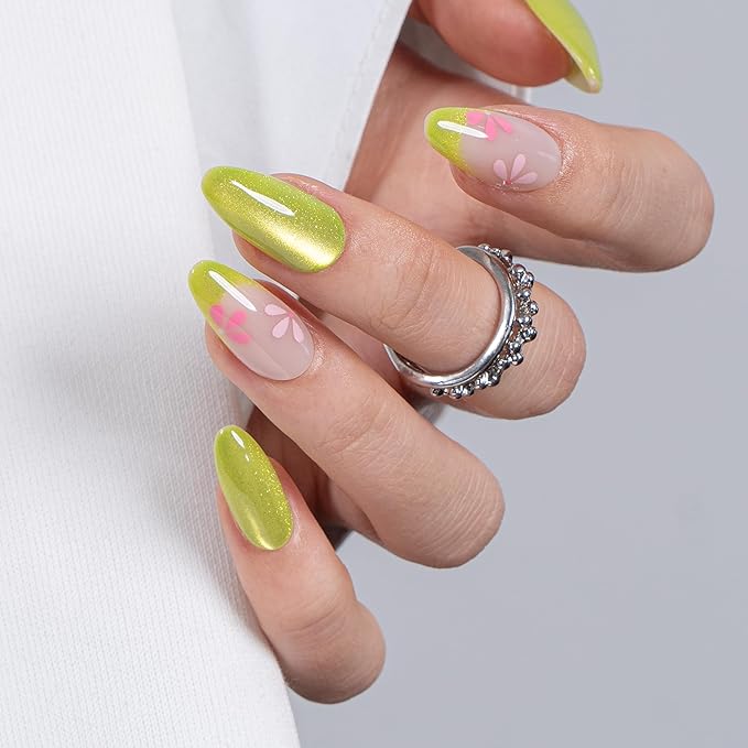 CurvLife Soft Gel Almond Press On Nails, Long-Lasting Reusable Fake Nails Kit with Glue & Tabs, 30pcs Salon-Quality Stick On Nails for Women At-Home Manicure (Lime Bloom)