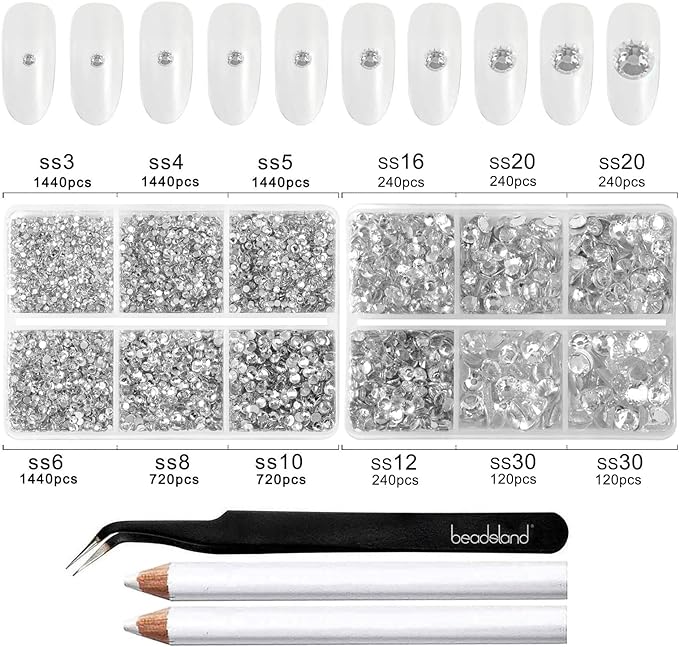 Beadsland 8300PCS Flatback Rhinestones, Clear Rhinestone Nail Gems Round Crystal Rhinestones for Crafts, Mixed 10 Sizes with Wax Pencil and Tweezer Kit, SS3-SS30, Crystal
