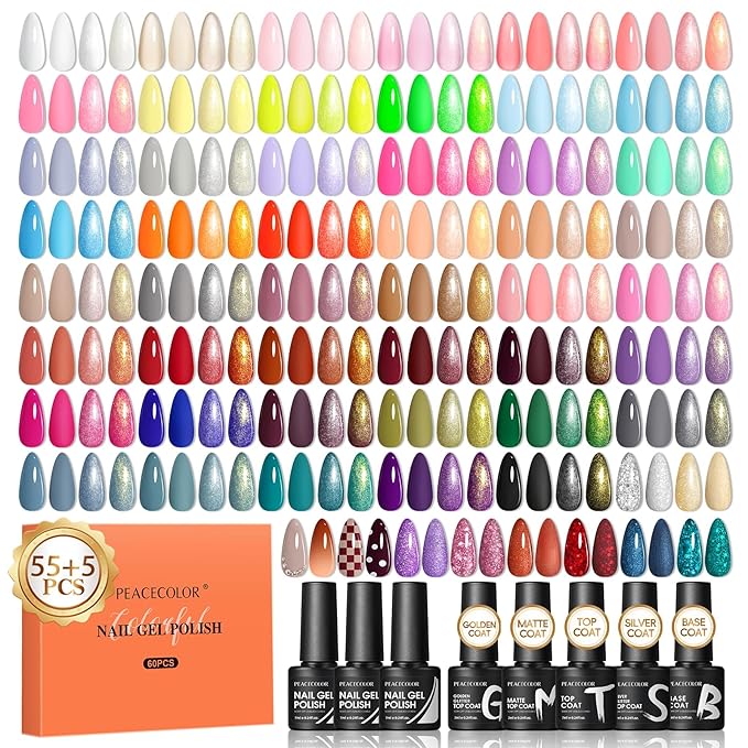 PEACECOLOR 60PCs Gel Nail Polish Set 55 Colors Gel Polish Kit with Glossy/Matte/Glitter 5Pcs Top Coat & Base Coat Soak Off U V Lamp Glitter Pink White All Seasons Nail Kit Gifts for Women