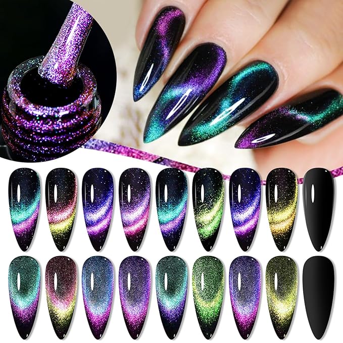 MEET ACROSS 9D Cat Eye Gel Nail Polish, 12 Pcs Chameleon Galaxy Magnetic Gel Polish Set with Base Top Coat and Magnet Stick Soak Off Nail Art Salon Manicure Home Ladies Gift