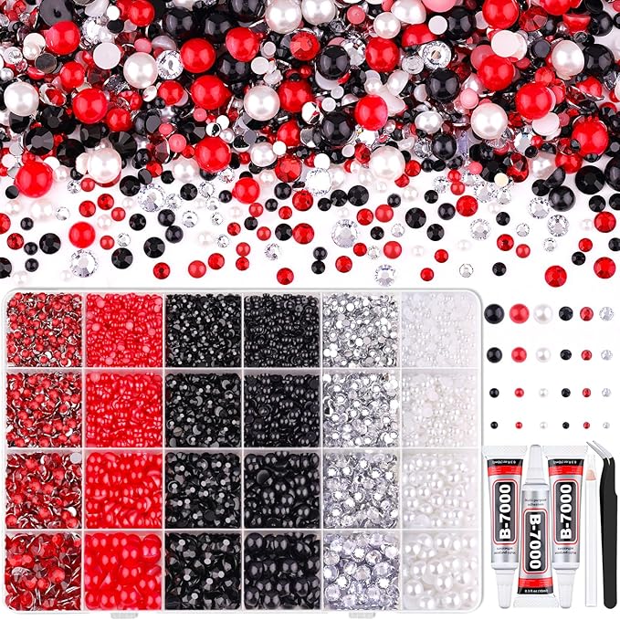 14000PCS Flatback Pearls and Rhinestones for Bedazzling Kit, Red White Black 3-10mm Resin Rhinestones and Half Pearls for Crafting, Nail Art Crafts Dec with 3pcs B7000 Jewelry Glue