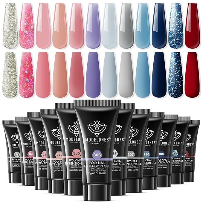 modelones Poly Extension Gel Kit 12 Colors Poly Nail Set All Seasons Colors Nude Pink Blue Glitter Builder Nail Gel French Manicure DIY Gifts for Women