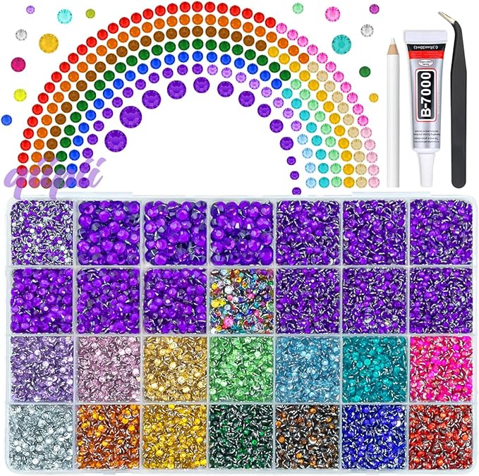 28 Grids Mystique Purple 2mm-6mm Resin Rhinestones w B7000 Glue for Bedazzling Crafting Colorful Flatback Stones Diamonds Crystals Gems Bedazzler Kit for Nails Face Eyes Makeup Tumblers Crafts