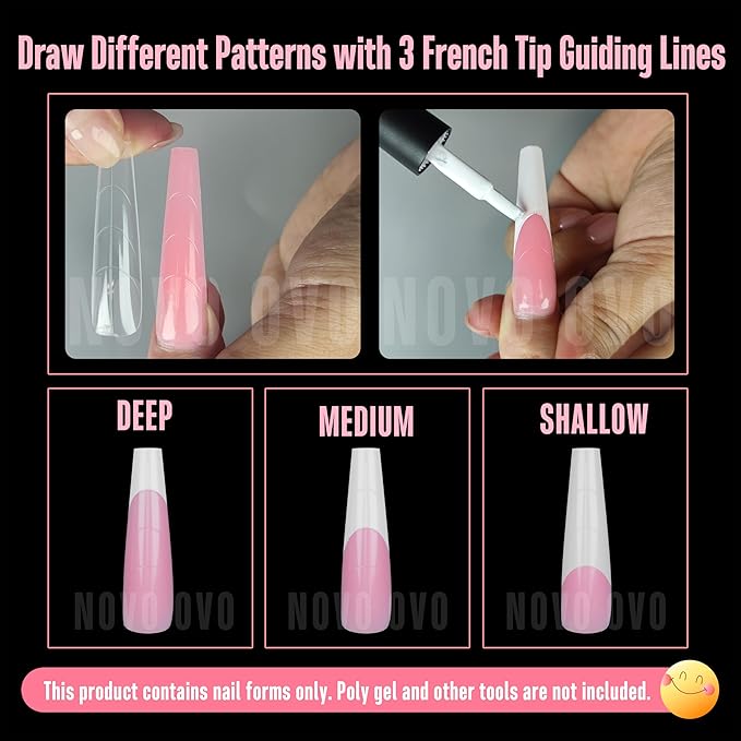 NOVO OVO Tapered Square (Natural not Sculpted) Nail Dual Forms for Poly Gel Extension with Guiding Line Inside, XL XXL Reusable Full Cover Acrylic Builder Hard Gel Polygel Molds x 15 sizes 150 Pcs