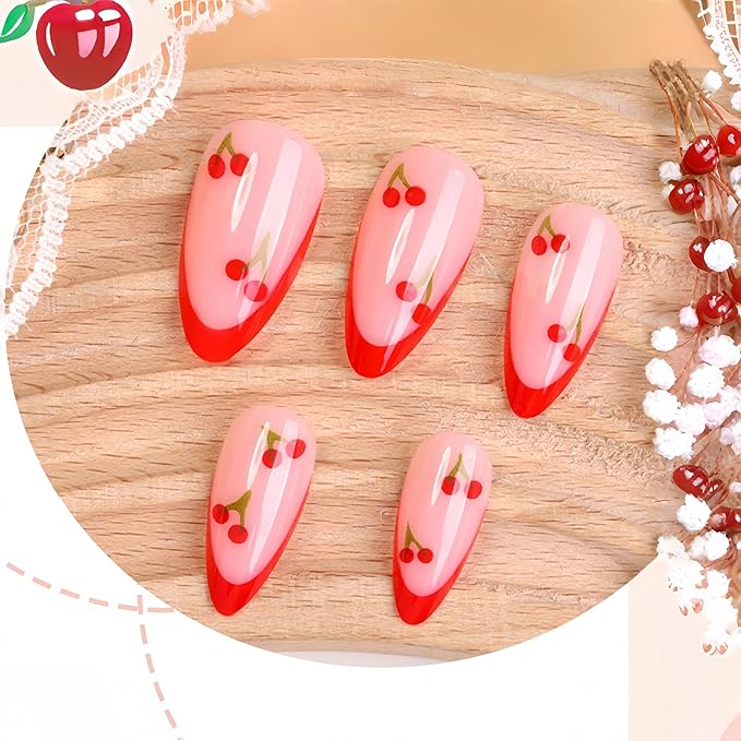 Red French Tip Press on Nails Almond Short Fake Nails Cute Nude Pink Full Cover Glue on Nails with Red Cherry Glossy Artificial Stick on Nail Reusable Mini Cherry Acrylic False Nail for Women 24Pcs