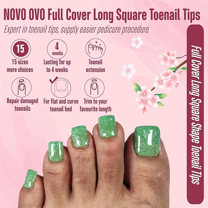 NOVO OVO Long Square Toe Nail Tips Press on Full Cover, Extra Wide Clear Toenails Kit, Pre-shaped Double MatteToenails For Women Men Big Toe Long Nail Beds x 15 Sizes 360 Pcs up to 12 Pedicures