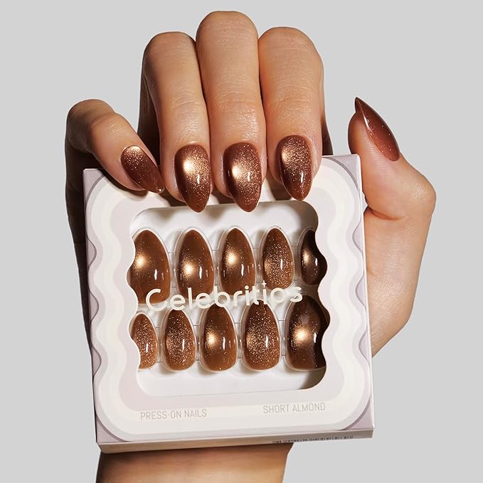Nail Art Press-Ons | Cinnamon Powder, Short Almond Nails, Reusable, Salon Quality Fall Nails | 16 sizes - 32 Nails Kit with Super-hold Nail Glue and Sticky Tabs