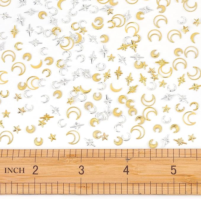 OLYCRAFT 1800Pcs Star Moon Resin Fillers Cosmos Theme Brass Charms Cabochons Hollow Moon Epoxy Resin Accessories Alloy Epoxy Resins Supplies Nail Art Decoration - Golden & Sliver