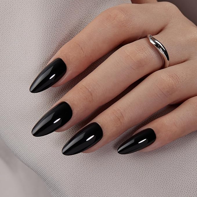VSALON Press on Nails Medium Almond - Glossy Black Nails for Women, Reusable Solid Opaque Gel Salon Quality Fake Nails with Glue & Cuticle Oil - 32 PCS Glue On Nails in 16 Sizes