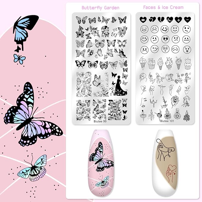 Biutee Nail Stamper Kit 12Pcs Nail Art Stamping Plate 8 Colors Stamp Polish Gel with Top Coat and Base Coat Set Silicone Stamper Scraper, Nail Stamp Plates Love Flower Butterfly Leaf Holiday Design