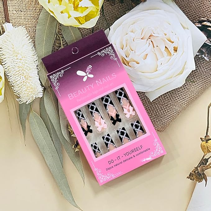 Press on Nails Coffin Long Length Acrylic Glossy Full Cover Square Shaped French False Nails with Designs Artificial Extra Long Fake Nails with Charms Glue ons Fingernails for Women(XXS285)