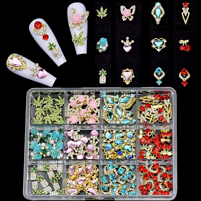 120PCS Y2k Nail Charms and Gems - Gold Red Nail Jewelry Cherry, Pink Heart Flower Butterfly Shiny Nail Rhinestone Pineapple,Nail Falls Charms Green Leaf for DIY Nail Art Design,Acrylic Nails Supplies