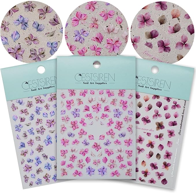 Floral Petal Nail Art Stickers, Thin Flower Nail Decals, Self-Adhesive, Summer Spring Nail Accessories for Women, Nail Decorations 3 Sheets
