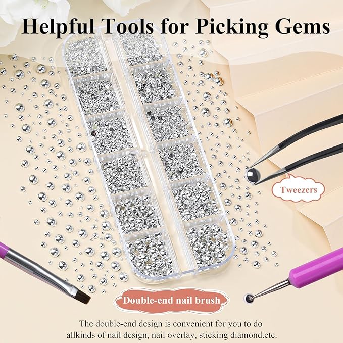 2160 Pcs Resin Half Round Pearls Kit, Mixed Sizes Flatback Silver Pearls, 3D Nail Decorations Pearls with Tweezers and Dual-end Brush for 3D Nail Crafts DIY, Face Makeup Gems Jewels(29-K1-2)
