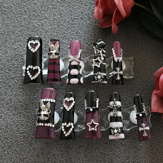 Press on Nails Gothic Long Duck - Metallic Long Duckbill False Nails Tri-Color Black, Purple & Hot Pink with 3D Metal Charms Cross, Star, Heart for Party, Festival (Dark Romance,L)
