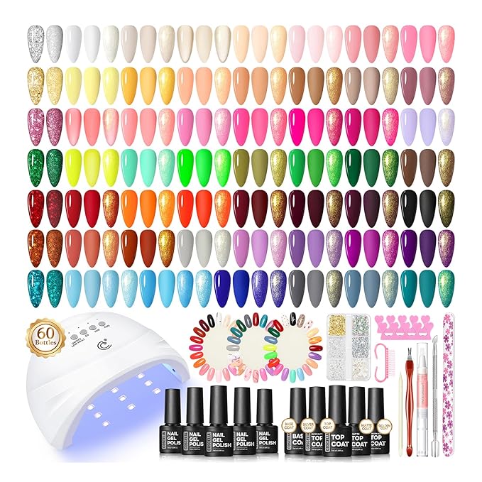 COSCELIA 60PC Gel Nail Polish Kit with U V Light 55 Colors Gel Polish 5PC Top Base Coat Nail Decorations Winter Spring French Gels Manicure Kit Salon DIY at Home Valentines Day Gifts for Women
