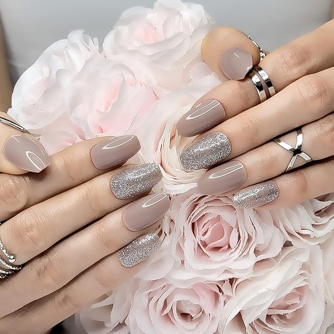 Hypnaughty 24 Pcs Beige Ballerina Press On Nails with Glue Medium Short Length Fake Nails with Glitter Design Glossy Acrylic Press On Nails Full Cover (Beige)