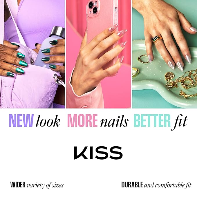 KISS CORE, Press On Nails, Nail glue included, 'Tune', Blue, Short Size, Almond Shape, Includes 32 Nails, 2g Glue, 1 Manicure Stick, 1 Mini File