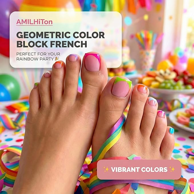 French Tip Toe Nail Press Ons, 150PCS Square Soft Gel Full Cover Toe Tips, 5 Colors (Pink/Orange/Green/Blue/Purple), 15 Sizes for Wide Nail Beds, Pre-Shaped for DIY French Pedicure & Salon
