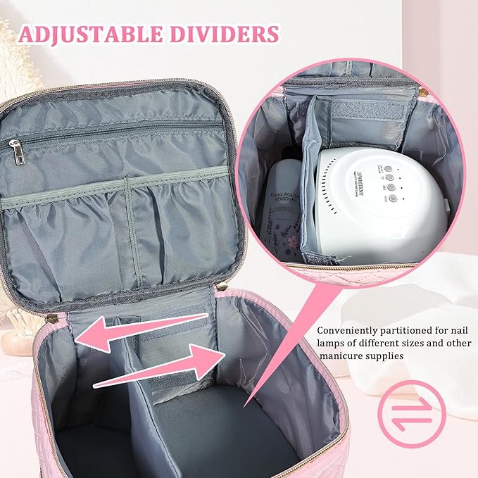 JEWHITENY Nail Polish Organizer Bag Holds 30 Bottles & Nail Lamp,Double-Layer Nail Polish Storage Bag with Adjustable Dividers,Portable Nail Kit Bag For Nail Stuff & Manicure Tools (Pink)