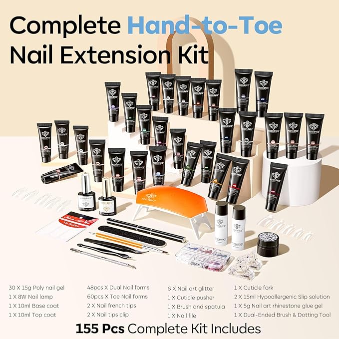Modelones Hand to Toe Poly Nail Gel Kit, 30 Colors Earthy Tones Complete Extension Gel Nail Kit with U V Lamp Slip Solution Builder Tools for Starter & Professional DIY Manicure