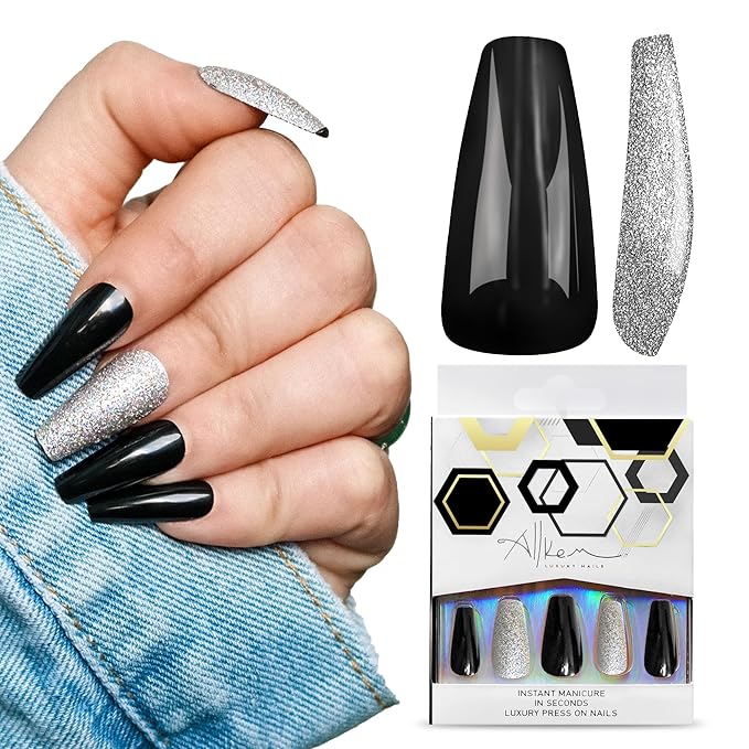 Allkem Press On Nails |Midnight Black Medium Long Tapered Ballerina 10 sizes - 20 pcs Coffin Nail Kit with Glue