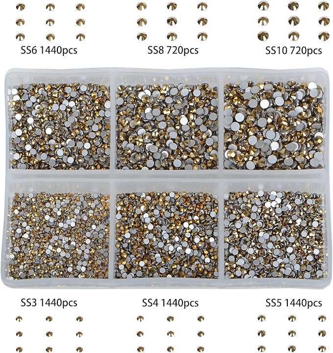 Bymitel 7200 Pieces 6 Mixed Sizes Glue Fix on Glass Rhinestones Round Crystal Gems Flatback for DIY Jewelry Making with one Picking Pen (6-Sizes 7200PCS, Aurum)
