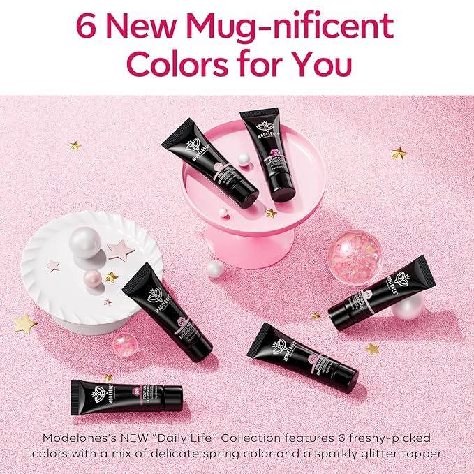 Modelones Poly Nail Gel Set, 6 Colors Pink Confetti Collection Nude Pink Glitter Colors Poly Extension Gel Enhancement Builder Pastel Summer Manicure DIY Home Salon