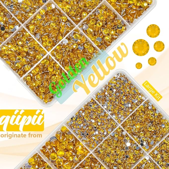 Golden Yellow Crystal Resin Rhinestones w B7000 Glue for Bedazzling Crafting Flatback Stones 2mm-6mm Diamonds Crystals Gems Bedazzler Kit for Nails Face Eyes Makeup Tumblers Bottles DIY Craftts