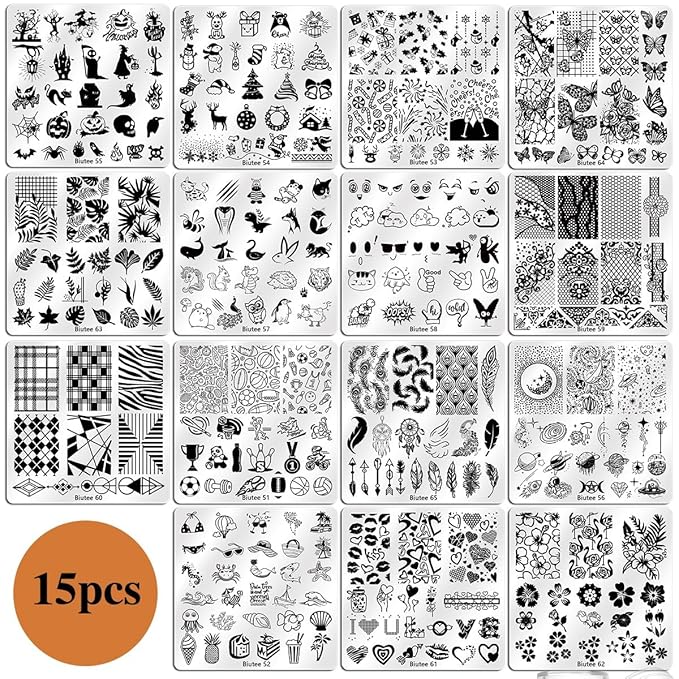 Biutee Nail Stamper Kit 15pcs Nail Art Stamp Plate 8pcs Stamp Gel Polish 1pcs Nail Stamper Scraper Set with Storage Bag, Nail Stamp Template Kit Valentine's Day Flower Lace Animal Star Design