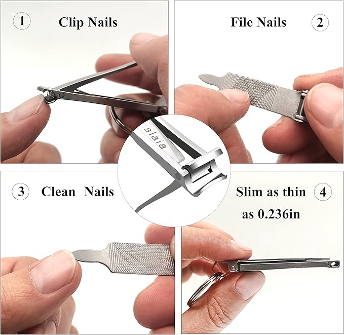 Stainless Steel Portable Nail Cutter，German Keychain Nail Clipper with File for Man and Women, Ultra Thin Flat Fingernail Clipper Perfect Use for Traveling、 Home 、 Office (Small, 1)