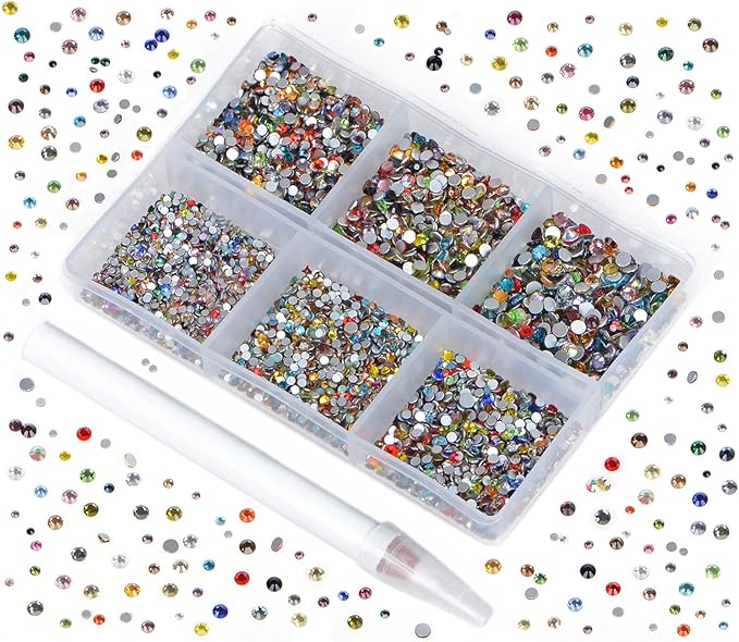 Bymitel 7200 Pieces 6 Mixed Sizes Glue Fix on Glass Rhinestones Round Crystal Gems Flatback for DIY Jewelry Making with one Picking Pen(Mix: SS3-SS10/7200PCS, Mixed Colors)