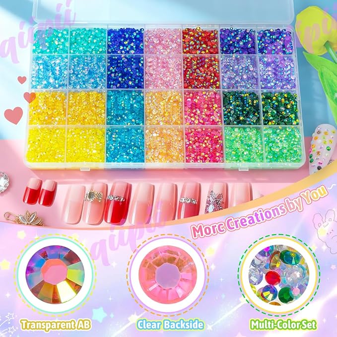 24000Pcs 14 Color 3mm 4mm Transparent AB Resin Rhinestones w B7000 Glue for Bedazzling Crafting Flatback Colorful Stones Crystals Gems Diamonds for Nails Face Makeup Tumblers Bottles DIY Crafts