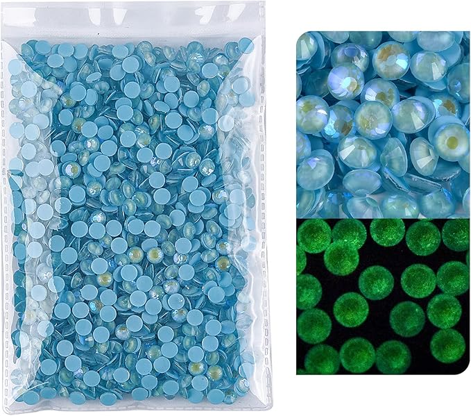 Blinginbox Flatback Rhinestones Round Gems, 288pcs Luminous Series Glass Stones Neon Gems Non Hotfix Crystal Rhinestones for Nail Charms Crafts Clothes Tumblers,Ice Blue AB Luminous,SS30.