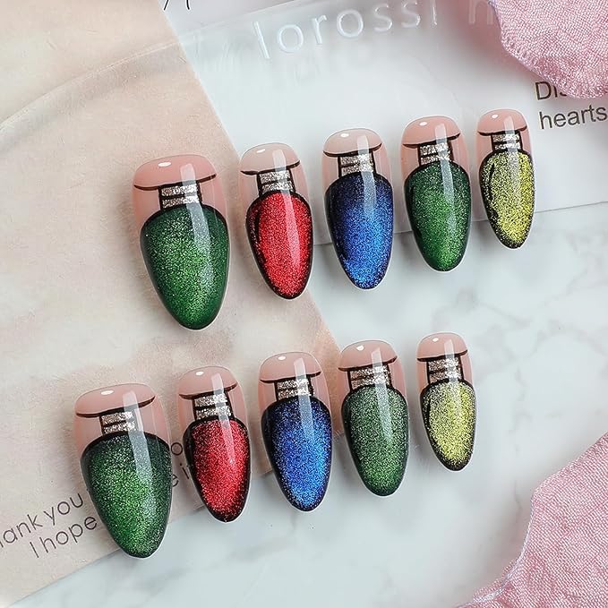 Handmade Press on Nails Luxury Glitter Christmas Lights French Tip Fake Nails Green False Nail Design Handmade Thickened Artificial Acrylic Nail Press ons Almond Nails Glue on Nail for Women（Size M）