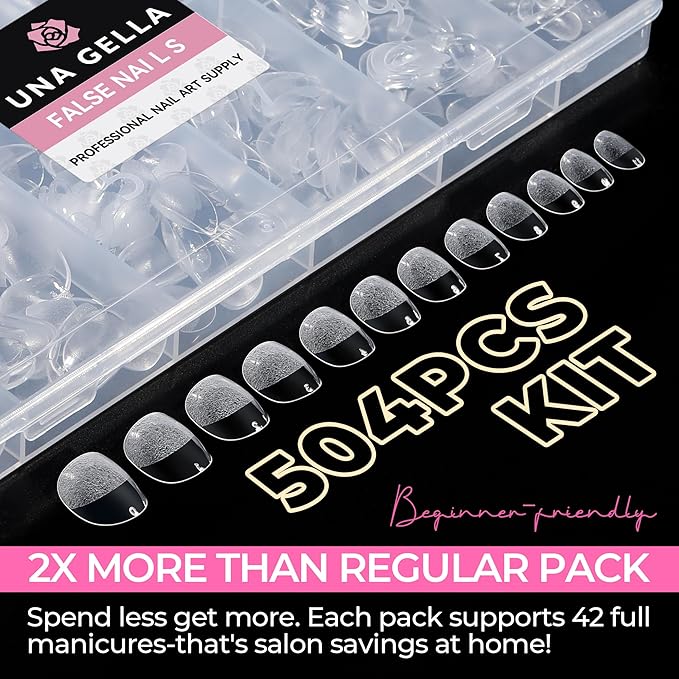 UNA GELLA Oval Nail Tips Exra Short 504PCS Pre-shape Gel Oval Almond Nail Tips for Women DIY Salon Round Almond Press On Nails Full Cover Clear Fake Acrylic Tips 12 Sizes