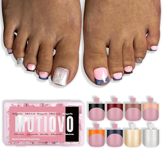 8 MIXED WINTER COLOR French Tip Toe Nail Tips Press on, BERRY PINK Sharp Square Medium Wide Fake Toenails, Full Cover Acrylic,Builder Gel & Top Coat,Need Nail Glue,for DIY x 15 Sizes 240 pcs