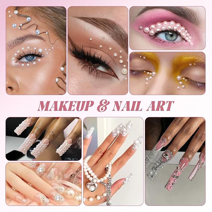 14000Pcs Flatback Pearls and Rhinestones for Crafting, Green White Mixed Size 3-8mm Resin Rhinestones and Half Pearls for Bedazzling, Nail Art with Tweezers and Pickup Pencil