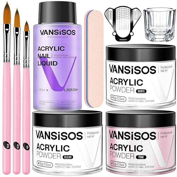 Acrylic Nail Kit for Beginners: Clear White Pink Powder and Liquid Set Professional Nails Kit Acrylic Set with Brushes for Home DIY