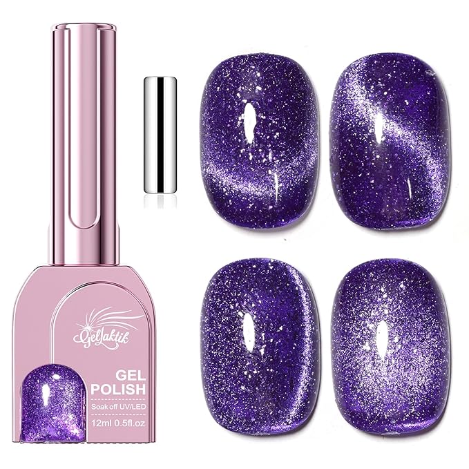 Purple Cat Eye Gel Nail Polish with Magnetic Stick - 12ML Glitter Magnetic Nail Polish for Multiple 3D Effects, Soak Off UV LED Gel Polish for DIY Manicure Salon Gifts for Women