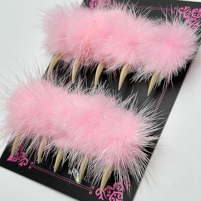 Halloween Press on Nails Luxury Medium Stiletto Handmade Eagle Claw Unique Reusable ABS Material Curved Fake Nails Dragon Cat Claw False Nails with Pink Fur Glossy Glue on Nail Thick Acrylic Nail(S)