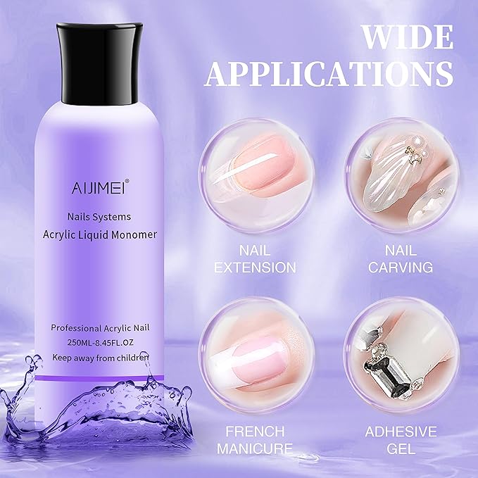 AIJIMEI Acrylic Liquid Monomer 250ML/8.5FL.OZ with Nail Brushes for Acrylic Powder Nail Liquid Monomer For Nails Powders & Liquids